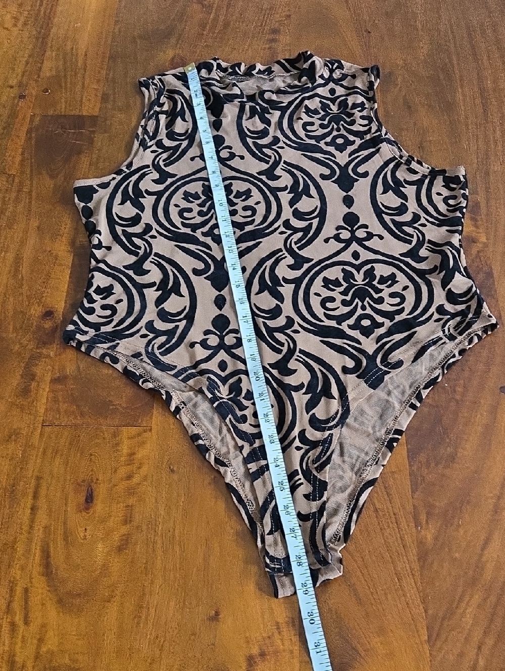 Black Velvet And Tan Damask Mesh Sheer Sleeveless Bodysuit - Picture 4 of 8